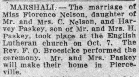 Florence Nelson, Harvey Paskey Wed, Wisconsin State Journal, Madison, 20 Oct 1931, p. 15